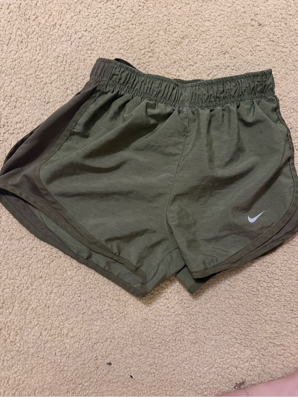 Nike women's Olive Running Shorts with White Swoosh